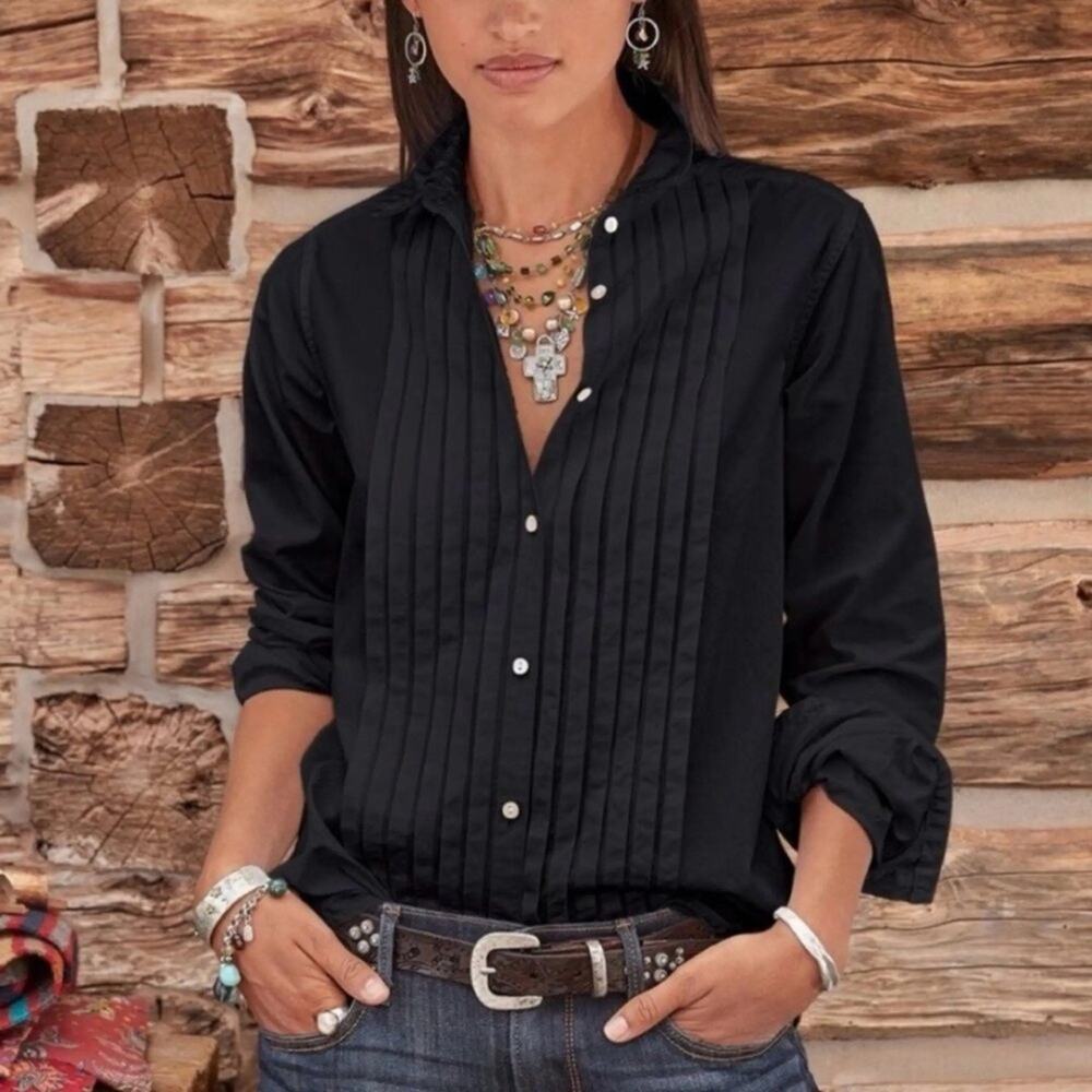 Sundance Black Tessa Pintuck Button Down Cotton Shirt Western Boho Size Small
